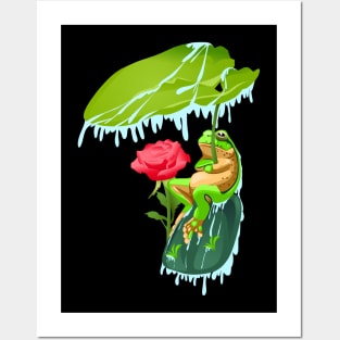 illustration of a green frog holding a leaf Posters and Art